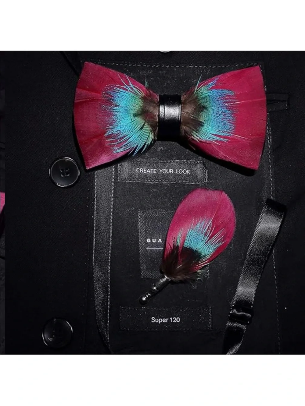 Men’s Handmade Pink and Peacock Feather Pre Tied Bow tie and Matching Lapel Pin